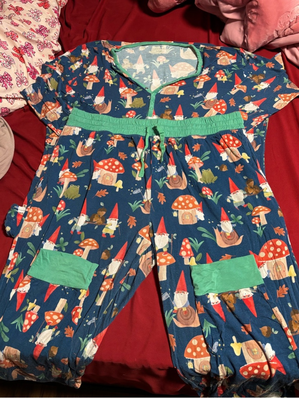 Little Sleepies Gnome & Mushroom Print Pajama Set in Navy & Green